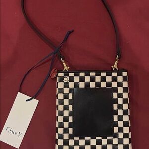 Clare V Black & White Checkerboard Crossbody Bag with Black Center Panel